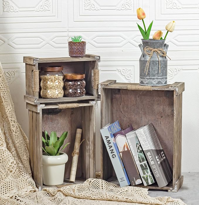 TIMRIS Set of 3 Rustic Wood Nesting Crates, Farmhouse Wooden Storage Container - Image 6