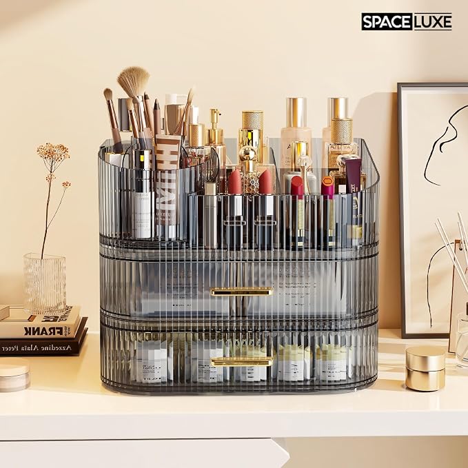 Makeup Organizer with Drawers and 360° Rotating Brush Holder, Large Capacity - Image 2