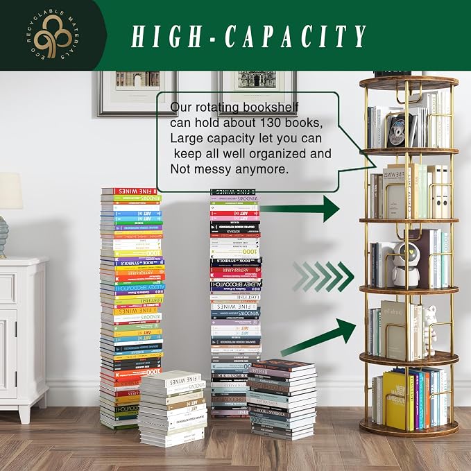 5Tier Rotating Bookshelf, 360 ° Display Stackable Spinning Bookshelf Tower - Image 3
