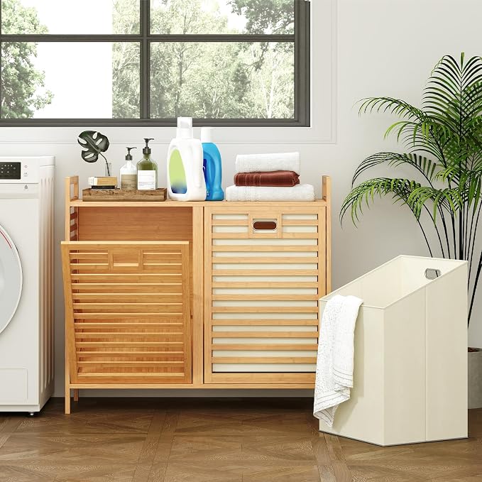 Giantex Tilt Out Laundry Hamper, 20 Gal Bamboo Laundry Storage Cabinet - Image 2
