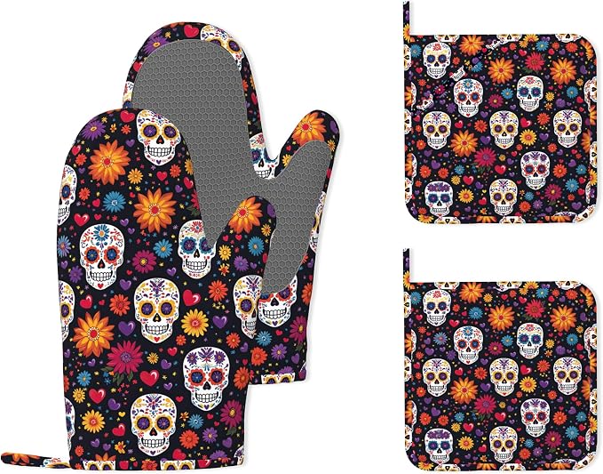 Mexican Skull Heat-Resistant Silicone Oven Mitts and Pot Holders 4 Piece Set by Unknown