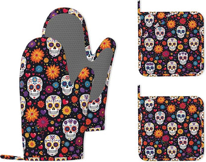 Mexican Skull Heat-Resistant Silicone Oven Mitts and Pot Holders 4 Piece Set by Unknown