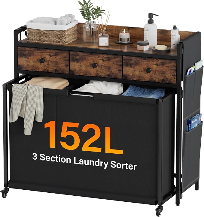 Laundry Hamper Sorter 3 Section: Rolling Laundry Basket Organizer by SAKSUNFORYOU