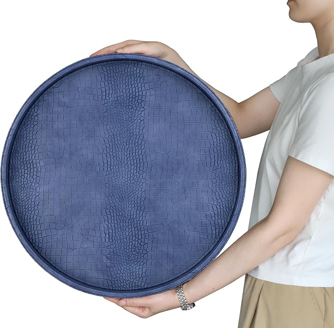 HofferRuffer Round Serving Tray 20'', Elegant Faux Leather Circle Ottoman Table - Image 8