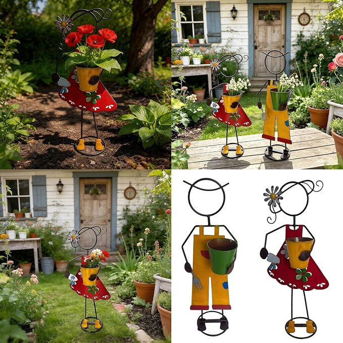 Metal Garden Planter Statue, Anti Toppling Iron Figurine Plant Stand, 18.3 in - Image 2