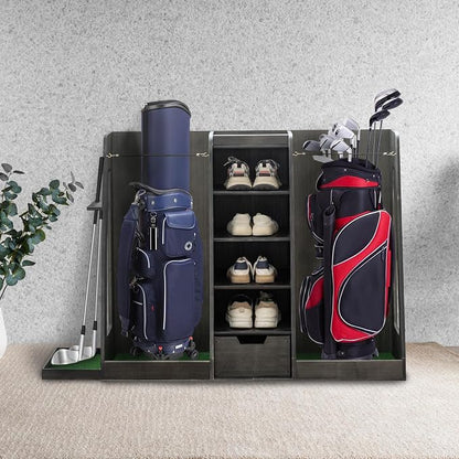 Wooden Golf Bag Storage Organizer Fits 2 Bags and Multiple Golfing Equipment by Hohuqeri