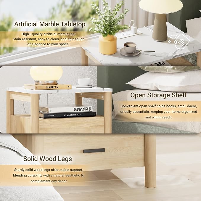 Night Stand with Charging Station, 2 Drawers End Table with Solid Round Post - Image 3