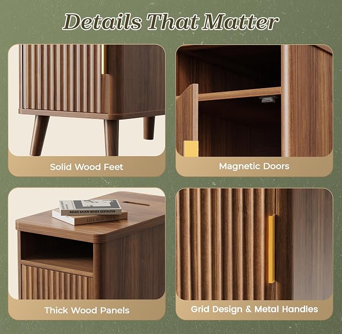 Huuger Narrow End Table with Charging Station, USB-C Port, Fluted Nightstand - Image 9