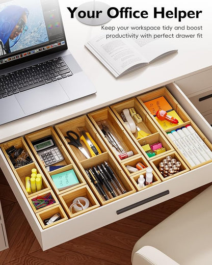 12-Piece Bamboo Desk Drawer Organizer Tray – Adjustable Storage Boxes - Image 4