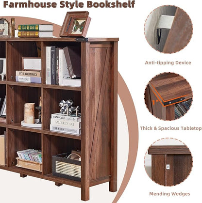 9 Cube Bookcase, Farmhouse 47 Inch Wide Brown Walnut Bookshelf, Wooden 3 Tier - Image 4