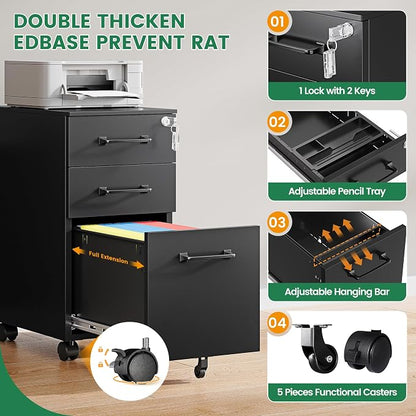 3 Drawer Slim File Cabinet, Mobile Filing Cabinet - Image 5