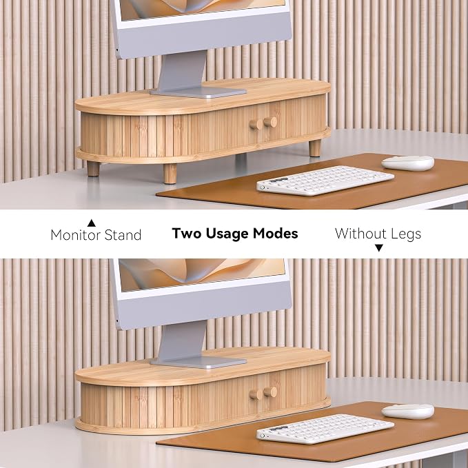 Bamboo Monitor Stand with Storage, Curved Computer Laptop Stand Desk Shelf - Image 6