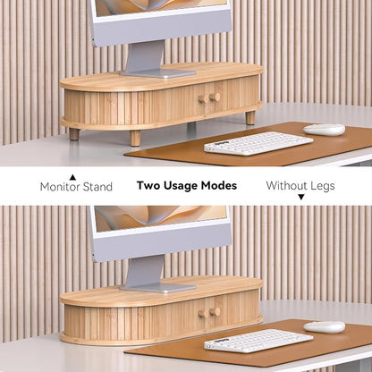 Bamboo Monitor Stand with Storage, Curved Computer Laptop Stand Desk Shelf - Image 6