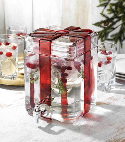Gift Box Drink dispenser with Red Ribbon Design, Glass Beverage Dispenser - Image 4