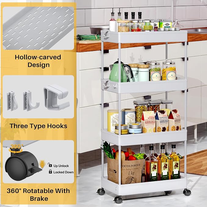 SPACEKEEPER Storage Cart, 4-Tier Mobile Shelving Unit, Bathroom Rolling Cart - Image 2