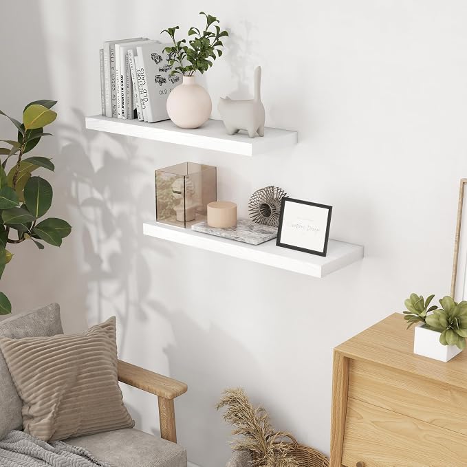 Fun Memories White Floating Shelves 32 Inch Long, Rustic Wood Wall Mounted - Image 2
