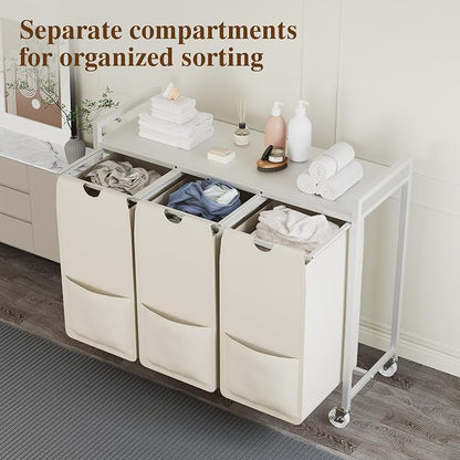 3-Section Laundry Hamper with Shelf, Pull-Out Removable 12.8 gal Bags, Metal - Image 3