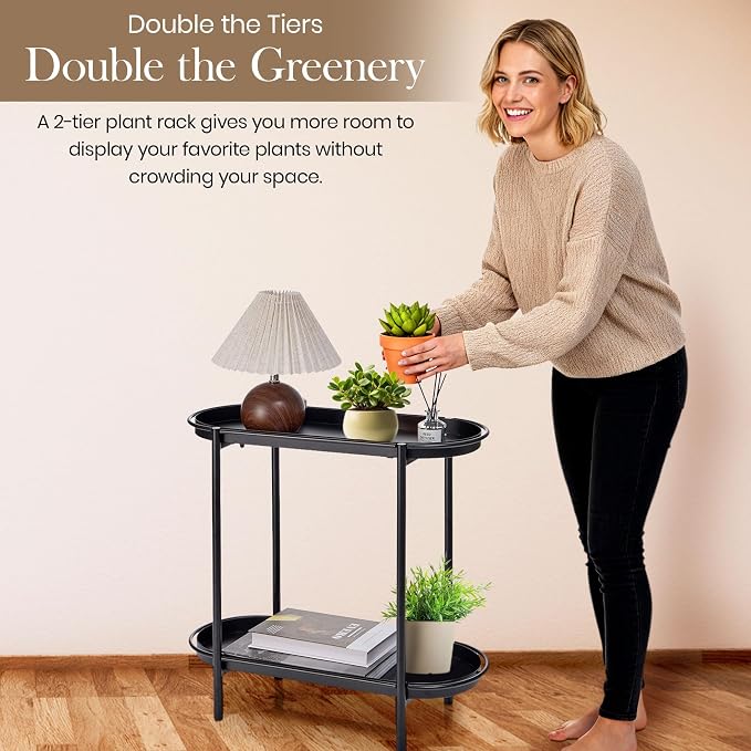Large Metal 2-Tier Multi-Purpose Stand – Sleek Black Indoor/Outdoor Oval - Image 3