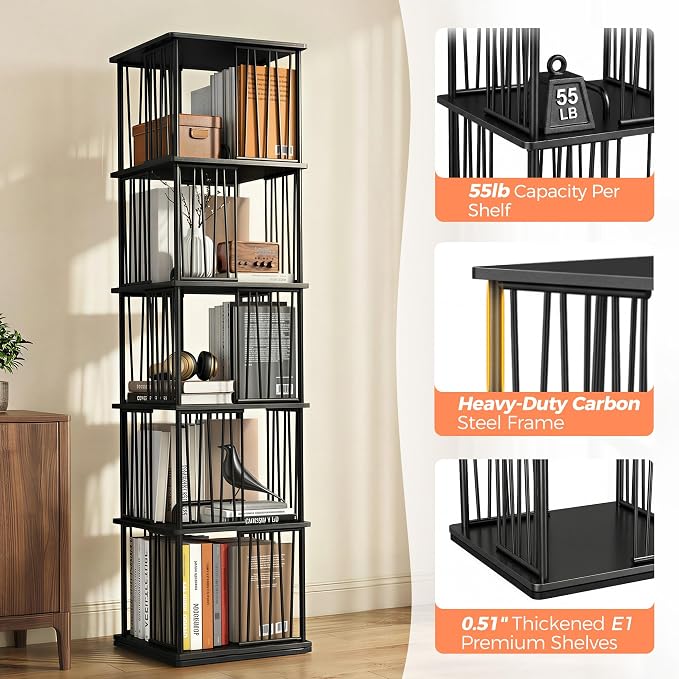 Black Rotating Bookshelf Tower 360° 5 Tier Tall Revolving Bookcase | Narrow - Image 7