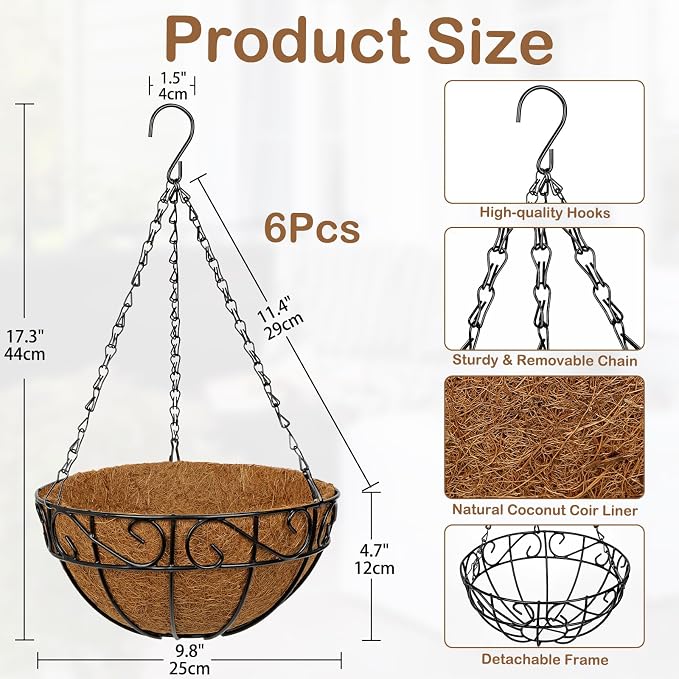 6 Pack 10 inch Metal Hanging Baskets - Image 2