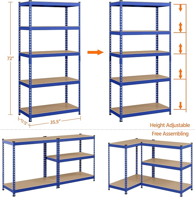 Yaheetech 5-Tier Heavy Duty Storage Shelves 35.5" W x 17.5" D x 72" H Blue | - Image 4