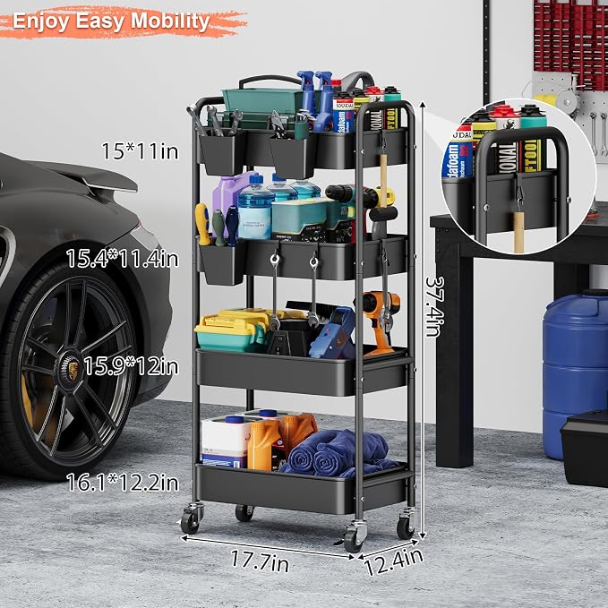 4 Tier Rolling Cart Metal with Wheels, Utility Roller Carts Organizer - Image 6