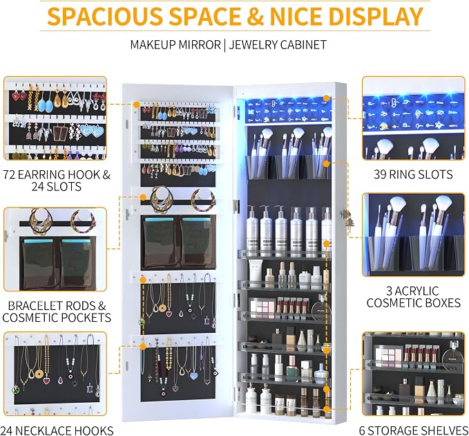 LVSOMT LED Mirror Jewelry Cabinet, Wall/Door Mount Jewelry Armoire Organizer - Image 3