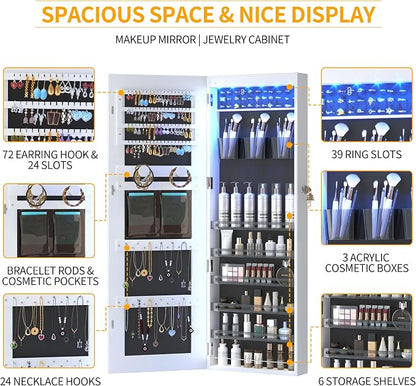 LVSOMT LED Mirror Jewelry Cabinet, Wall/Door Mount Jewelry Armoire Organizer - Image 3