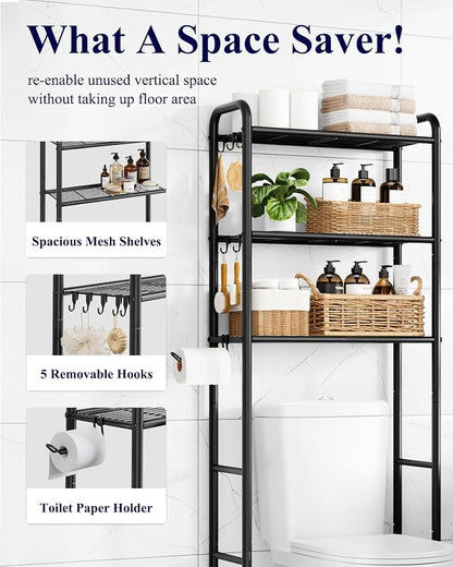 Kitsure Over Toilet Storage Rack, 63.2" H Space-Saving, Holder & Hooks | - Image 4