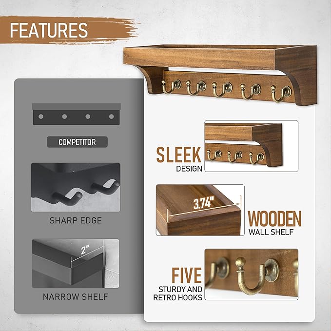 Rebee Vision Acacia Wood Farmhouse Key Holder Wall Mount - Image 6