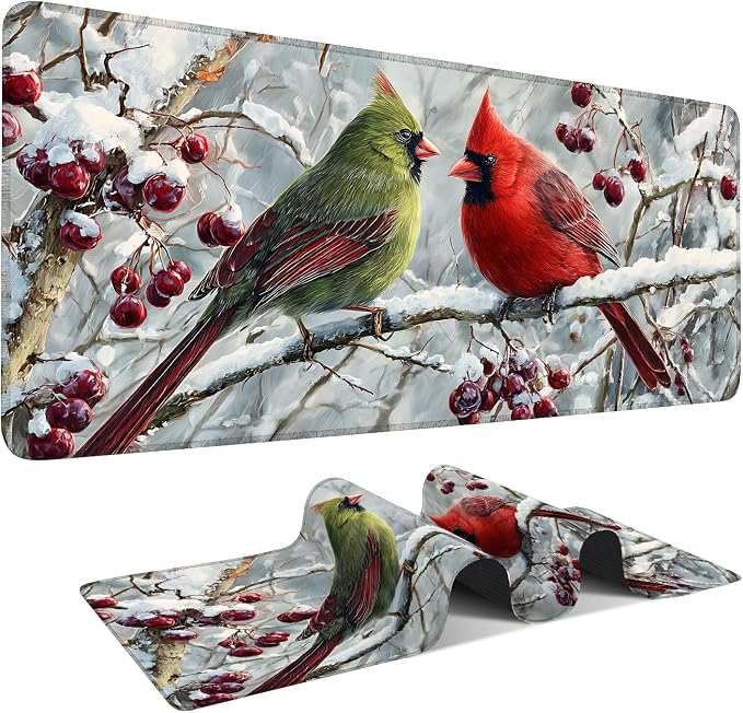 Winter Cardinal Bird Gaming Mouse Pad 35.4"x15.7"Desk Mat Anti-Slip Rubber Base by ANNAQUEEN