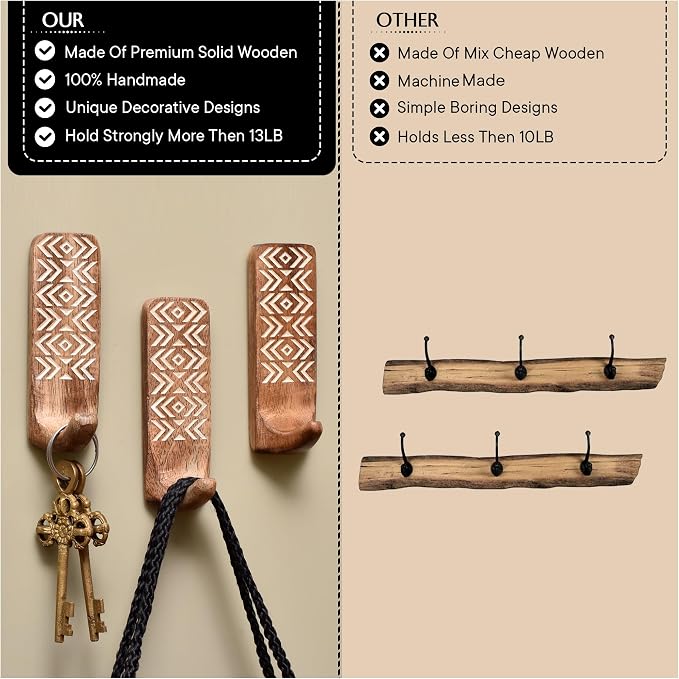 Indian Shelf 6 Piece Wooden Adhesive Wall Hooks - Image 3