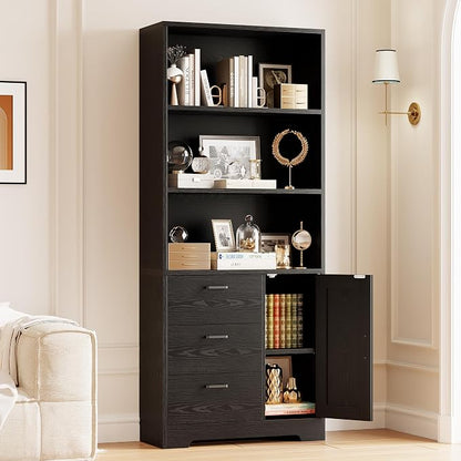 IRONCK Bookshelf with Door and 3 Drawers, 71in Tall Bookcase Shelf with 3-Tier - Image 6