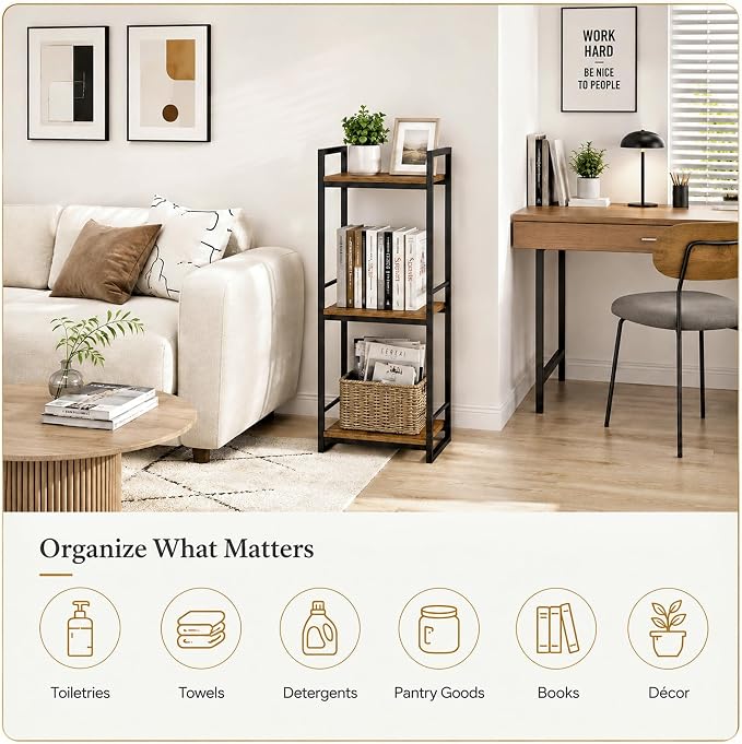 BYFU 3 Tier Bathroom Storage Open Shelf Rustic Brown Metal Corner Rack | 33.5" - Image 4