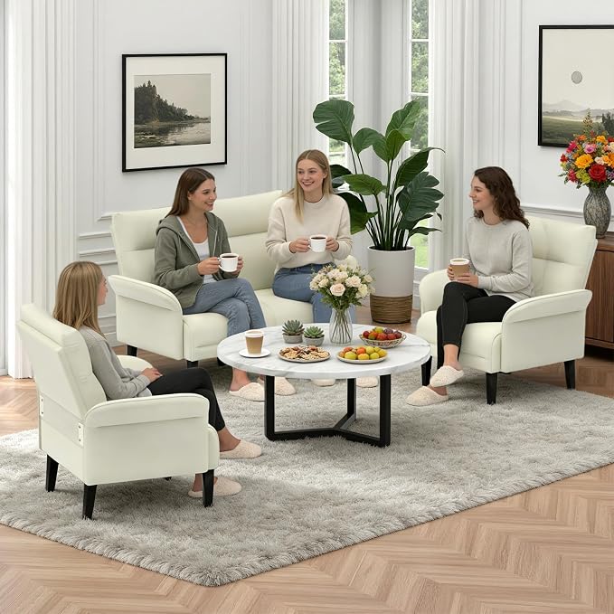 3-Piece Symmetrical Shawl Arm Sofa Set, Faux Leather Loveseat & 2 Accent Chairs - Image 4