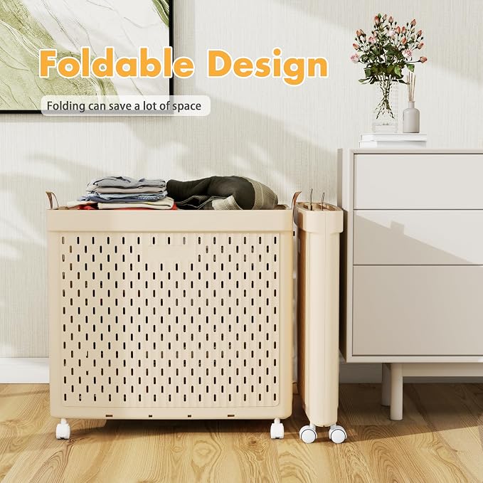 UAK Laundry Basket with Wheels, Collapsible Plastic Laundry Hamper with Handle - Image 4