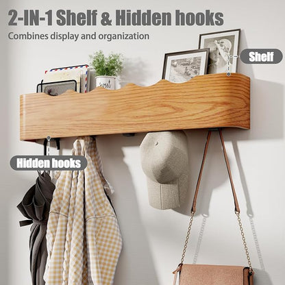 Coat Rack Wall Mount with Shelf 4 Hidden Hooks Modern Wooden Key Holder - Image 2