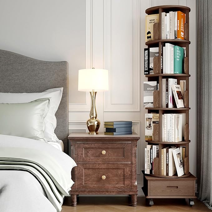 Solid Wood Rotating Bookshelf Tower on Wheels, 5-Tier Spinning Bookcase - Image 6