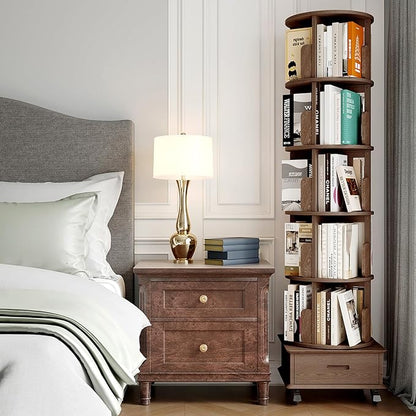Solid Wood Rotating Bookshelf Tower on Wheels, 5-Tier Spinning Bookcase - Image 6
