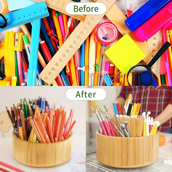 Utoplike Bamboo Rotating Art Supply Desk Organizer, Pencil Holder Organizer - Image 7