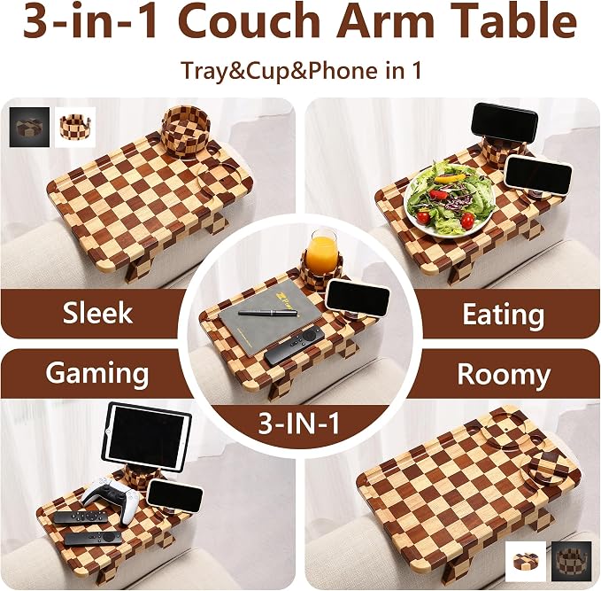 Couch Arm Table, Checkered Carbonized Rubber Wood Sofa Armrest Tray, 3-in-1 - Image 2