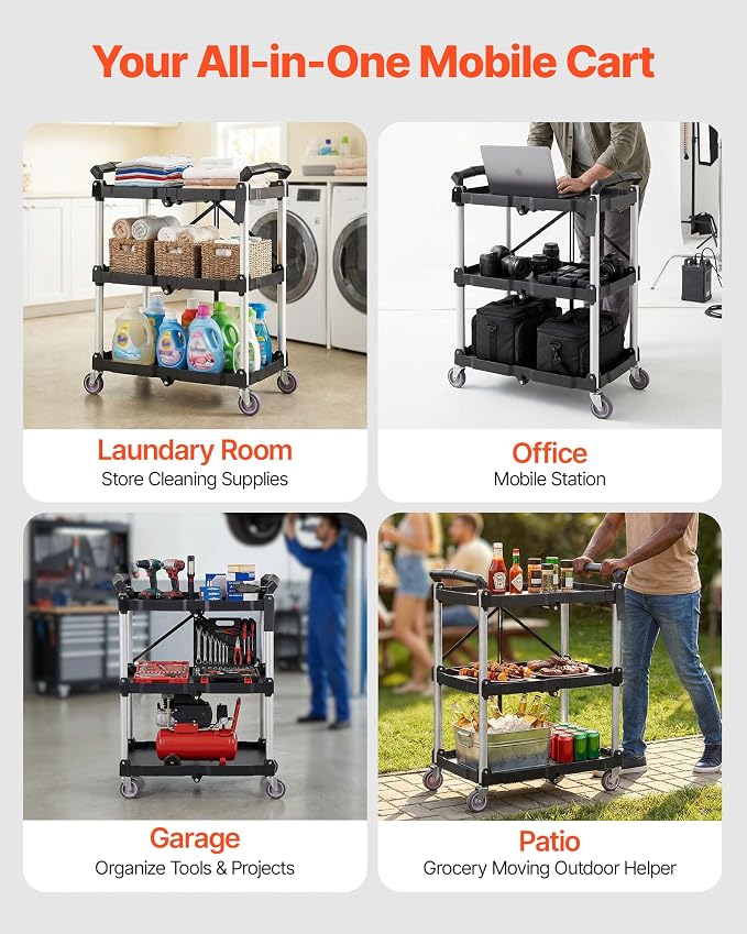 VEVOR Foldable Utility Service Cart, 165LBS 3 Shelf Heavy Duty Plastic Rolling - Image 9
