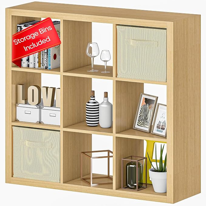 Bookshelf with Storage Bins, 9-Cube Storage Organizer Sturdy Wooden Bookcase by furtble