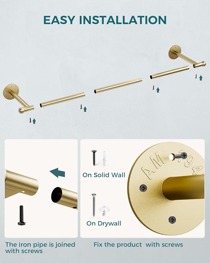 OROPY 33" Industrial Pipe Clothing Rack, Wall Mounted Clothes Rack 2 Pack | Gold - Image 4
