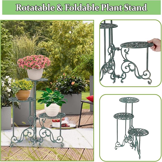 OwnMy 3 Tier Heavy Duty Cast Iron Plant Stand Foldable Wrought Iron Flower Pot - Image 5