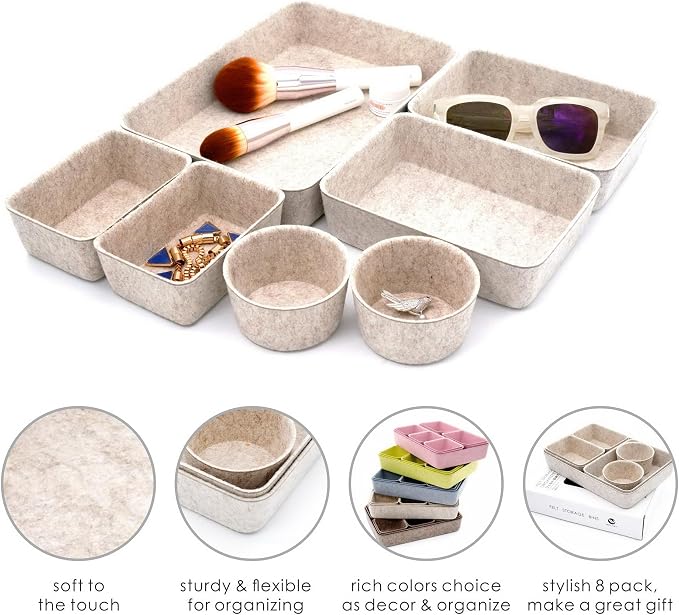 Welaxy 7pc Scandinavian Felt Desk Drawer Organizer Oatmeal Catchall Tray - Image 6