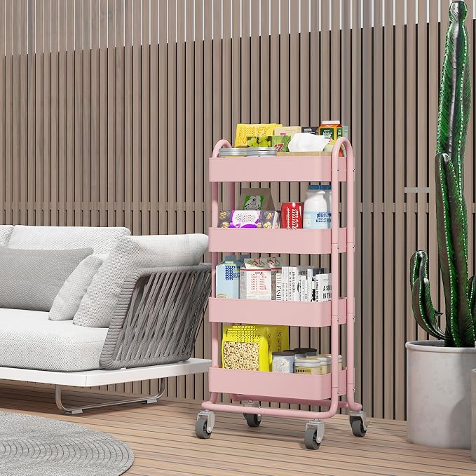 4 Tier Metal Rolling Cart Pink Utility Cart - Image 8