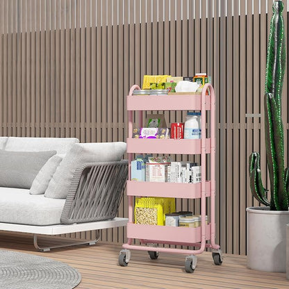 4 Tier Metal Rolling Cart Pink Utility Cart - Image 8