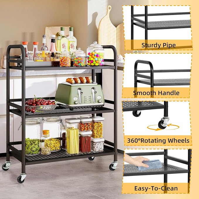 HDANI 3 Tier Metal Rolling Heavy Cart Supports 40 Lbs Per Tier, Mesh Rolling - Image 8