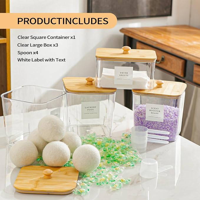 3+1 Pack Laundry Pods Container & Dryer Sheet Holder, Acrylic Square Laundry - Image 2